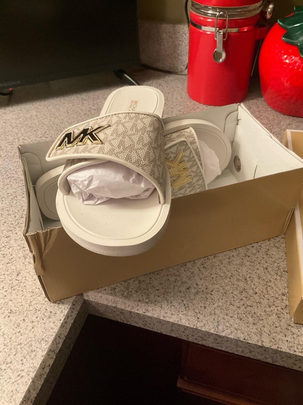 Michael Kors Beige White Logo Slide Sandals (adjustable velcro closure)